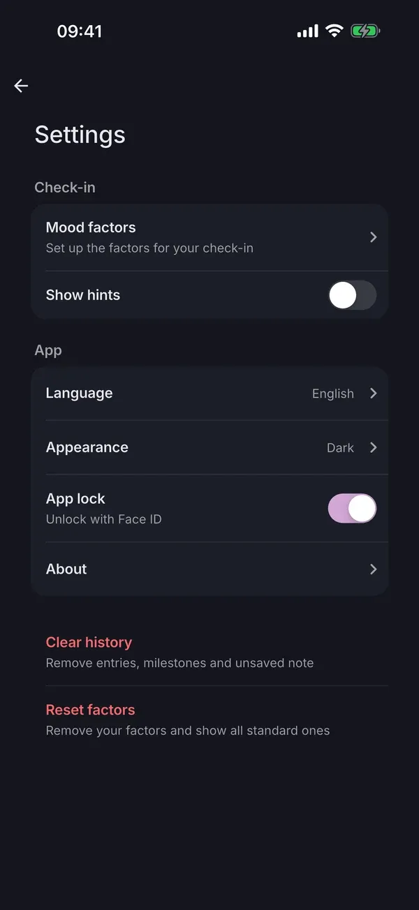 Settings with App lock turned on
