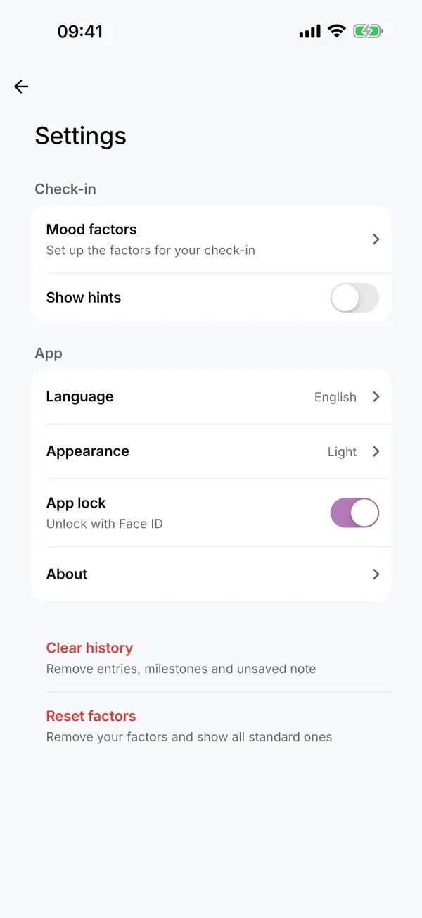 Settings with App lock turned on